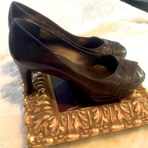 Stuart Weitzman peep toe, brown leather platform heels